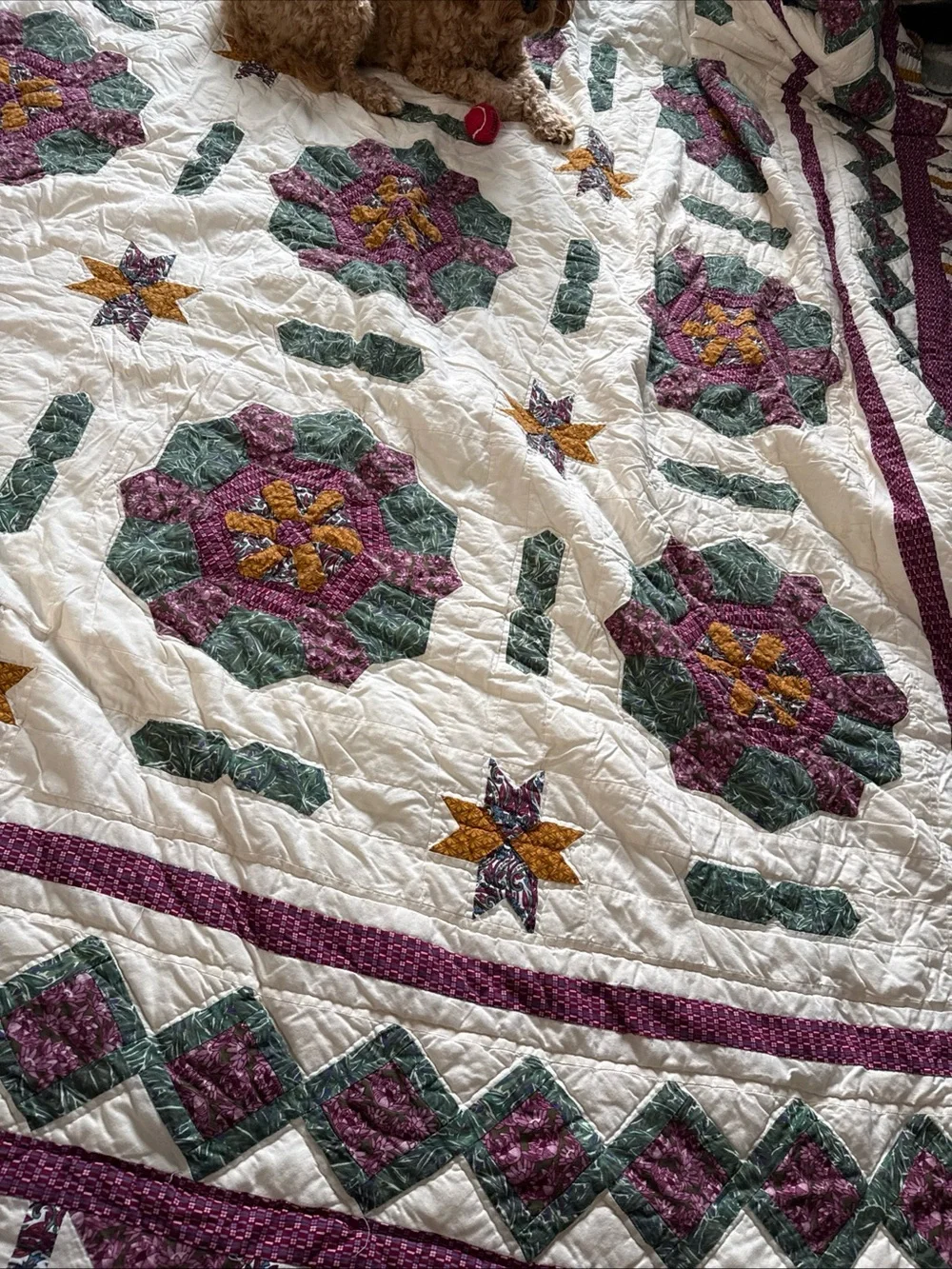 Vtg 90s Reproduction Quilt Patchwork Floral Medallion Queen Cotton Purple Green